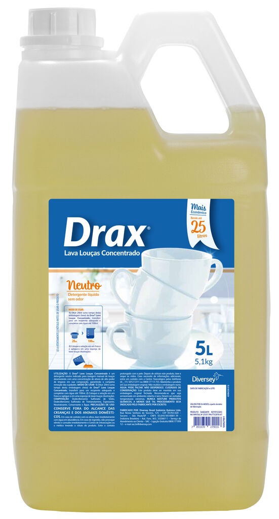 DRAX LAVA LOUÇAS CONCENTRADO 4x5L - DETERGENTE LÍQUIDO SEM ODOR